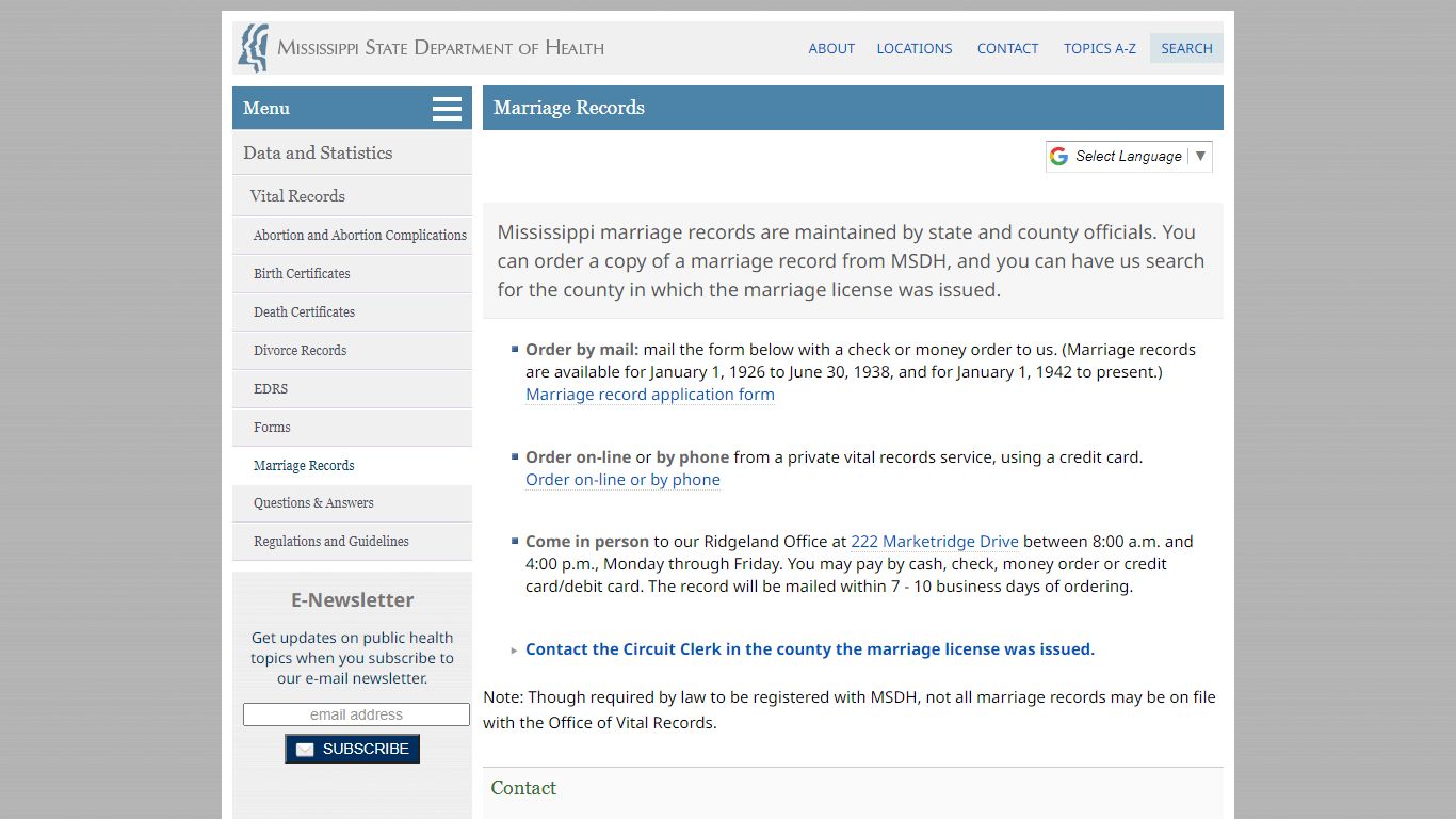 Marriage Records - Mississippi State Department of Health