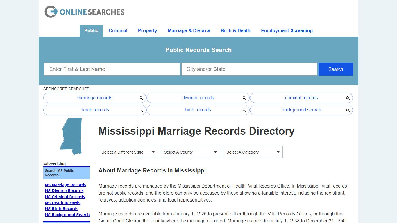 Mississippi Marriage Records Search Directory - OnlineSearches.com